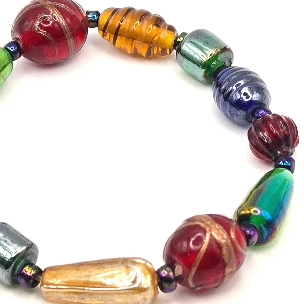 Handmade Lampwork Flower and‎ Art Glass Bead Stretch Bracelet Set Multicolored